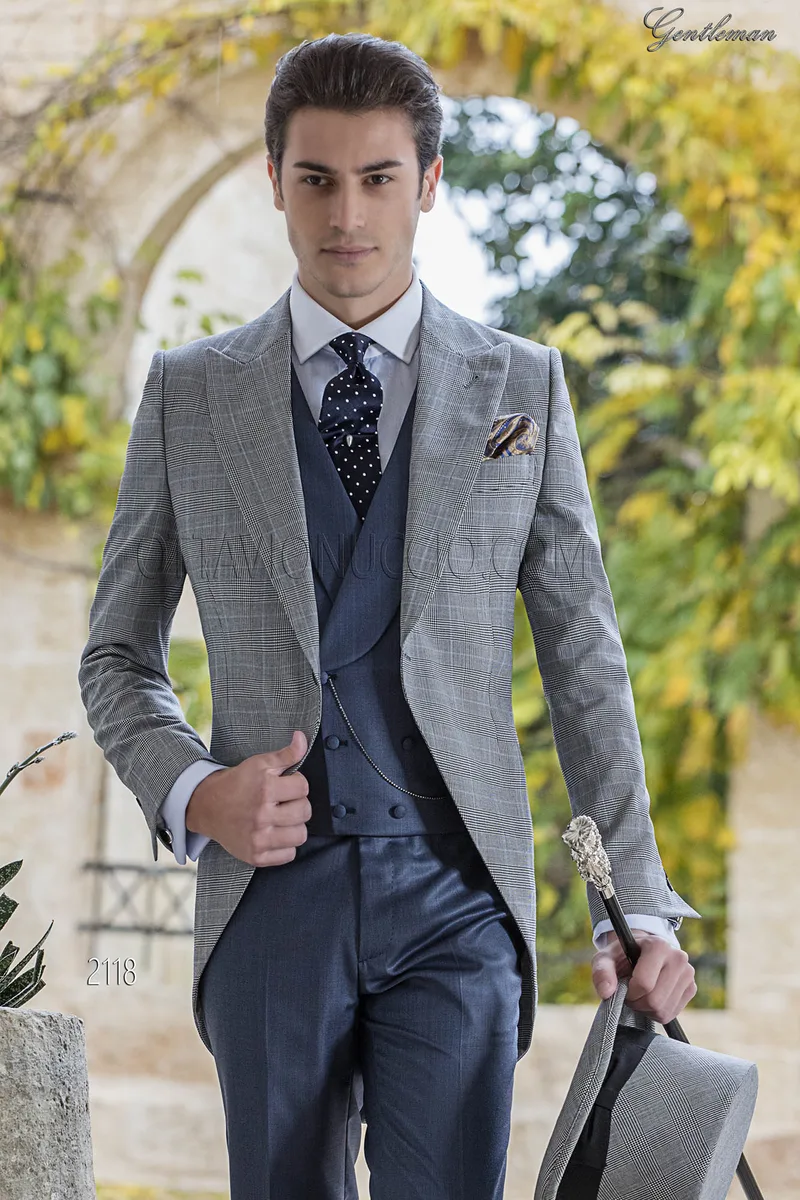 Costume de mariage Jaquette moderne Prince de Galles gris et pantalon bleu 1