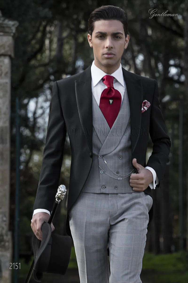 Traje de ceremonia hombre, chaqueta negra y pantalón gris príncipe de Gales 1