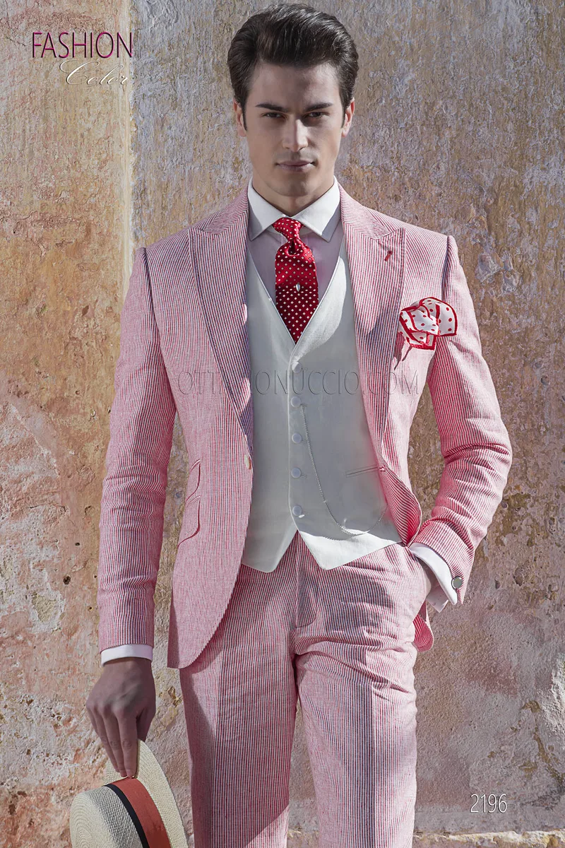 Vintage summer groom suit in red fine-striped cotton 1