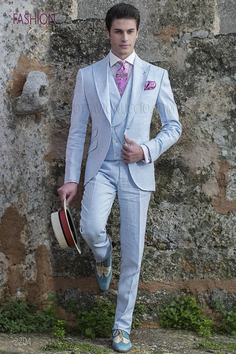 Modischer sommerlicher Vintage-Hochzeitsanzug aus reinem hellblauem Leinen 1