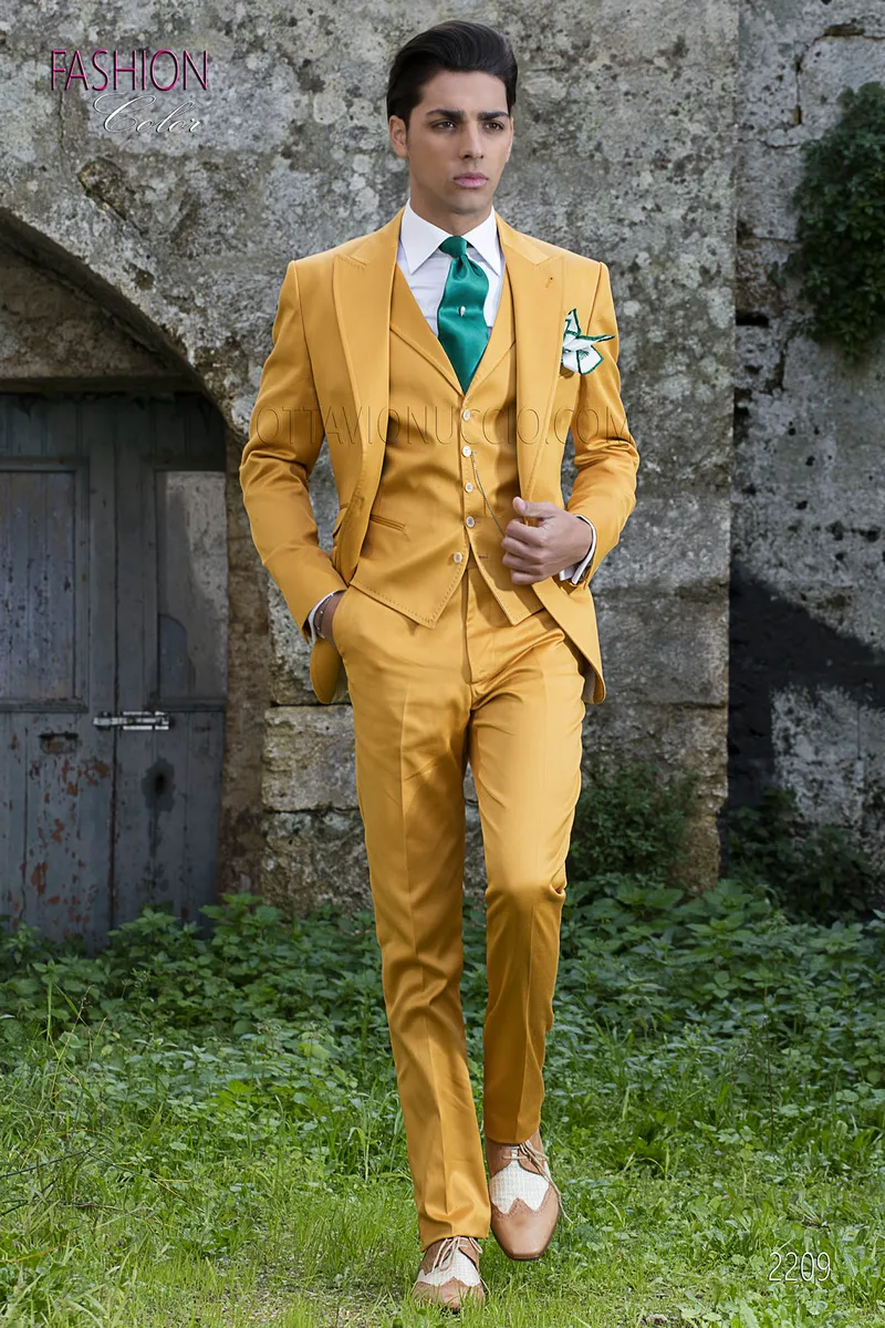Costume de mariage d'été en satin luxe de coton jaune or 1