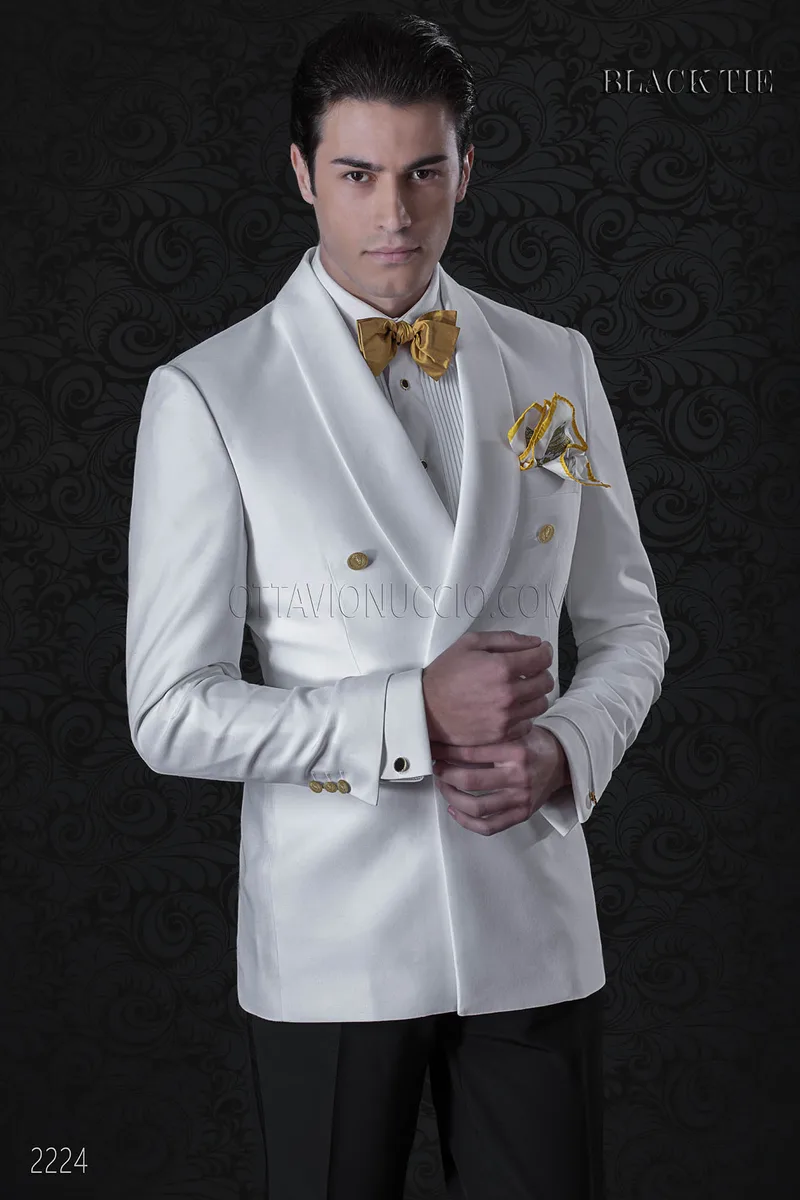 White shawl lapel tuxedo jacket with black trousers 1
