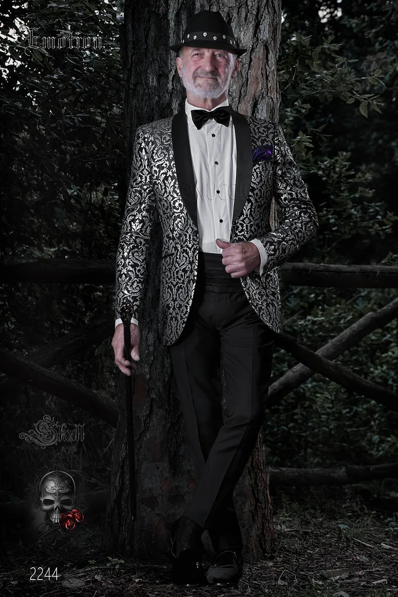 Chaqueta adamascada negra y plata para hombre 1