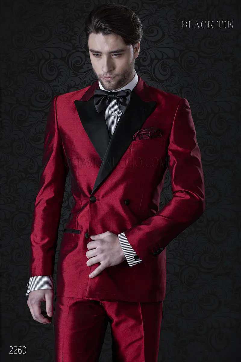 Esmoquin cruzado rojo de hombre en shantung 1
