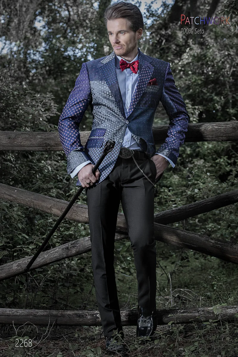 Chaqueta patchwork de seda azul de ceremonia hombre 1