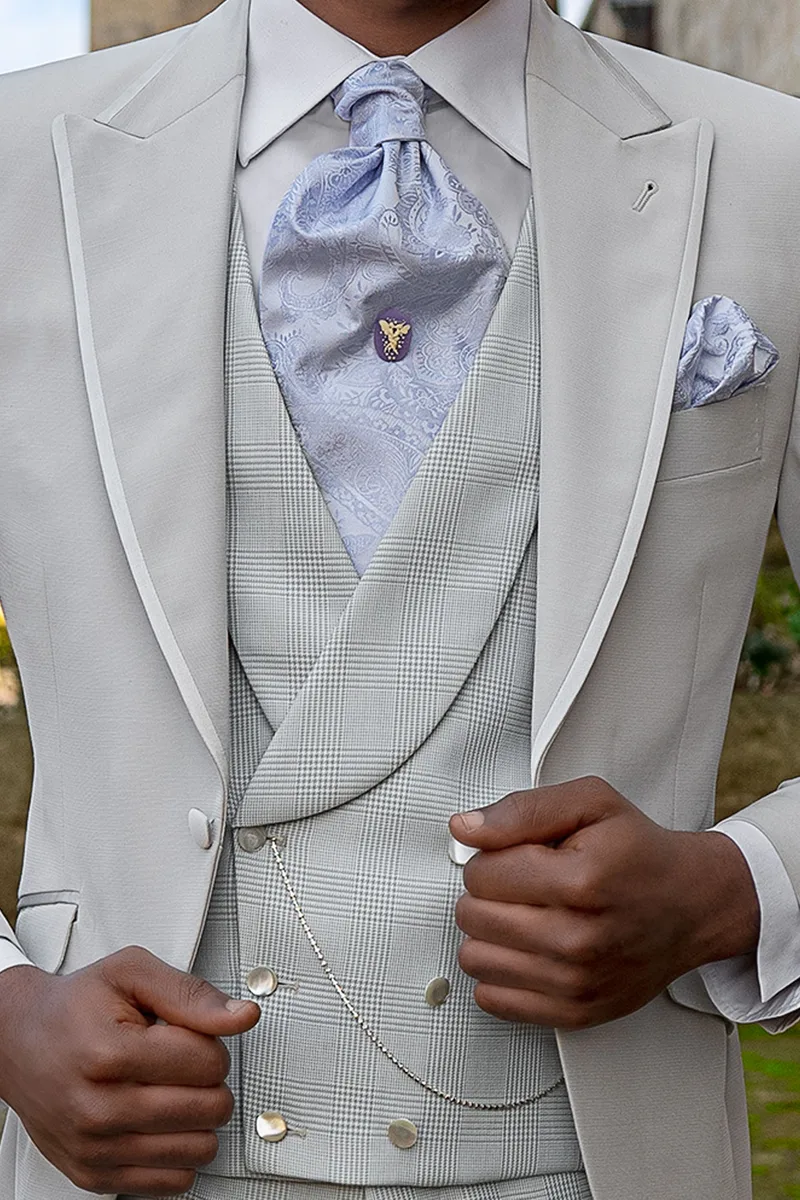 Gilet doppiopetto sciallato Principe di Galles grigio perla