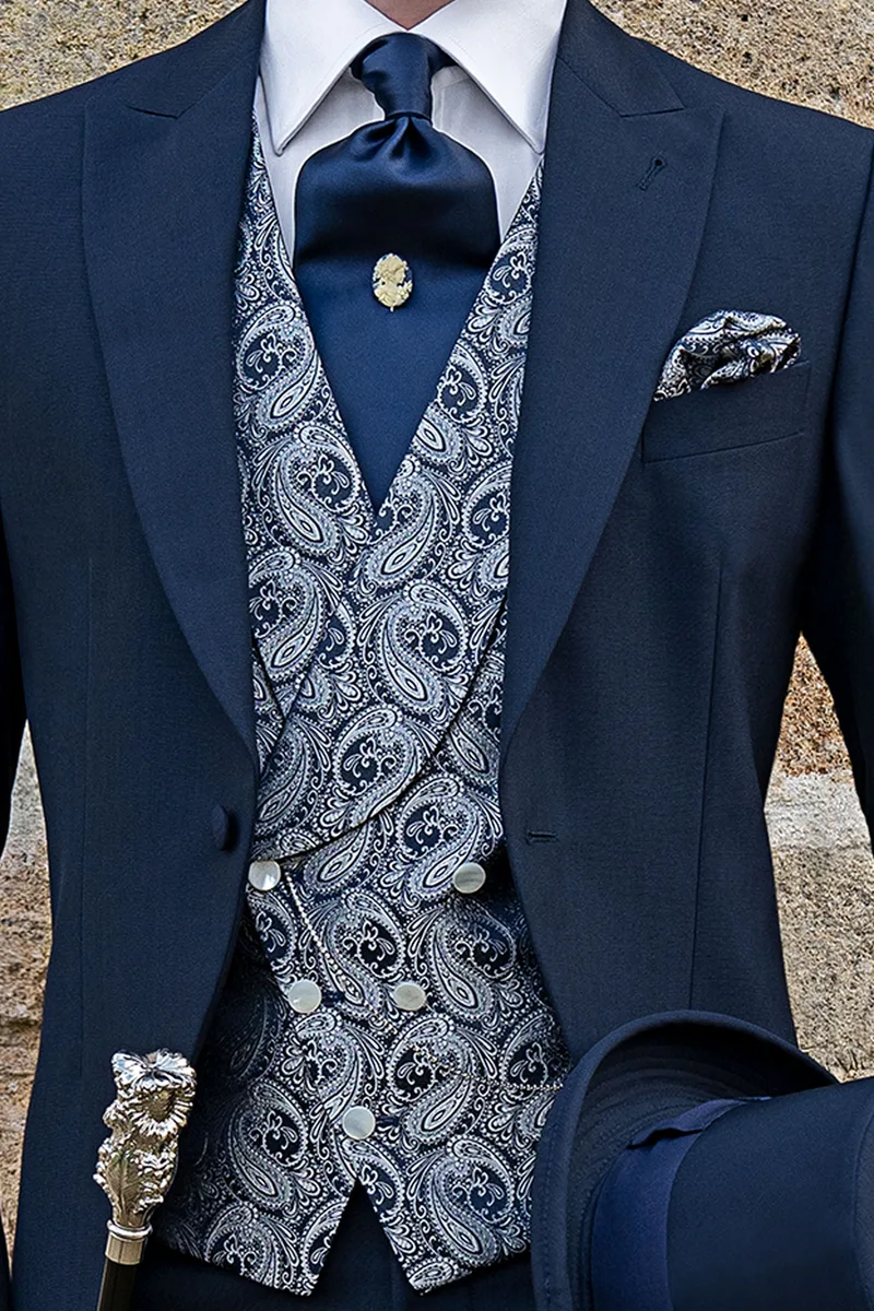 Gilet doppiopetto sciallato seta disegno cachemire blu argento