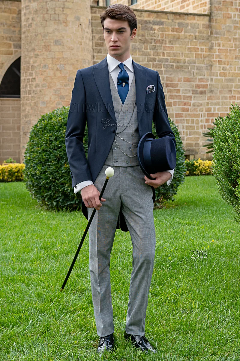 Jaquette de marié bleue avec gilet et pantalon Prince de Galles 1