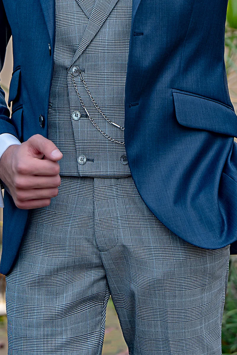 Pantalone Principe di Galles grigio check celeste