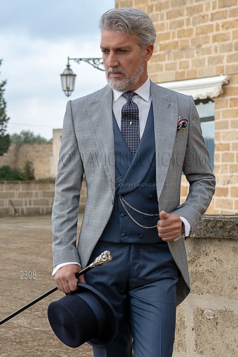 Chaqué príncipe de Gales con chaleco y pantalón azul 1