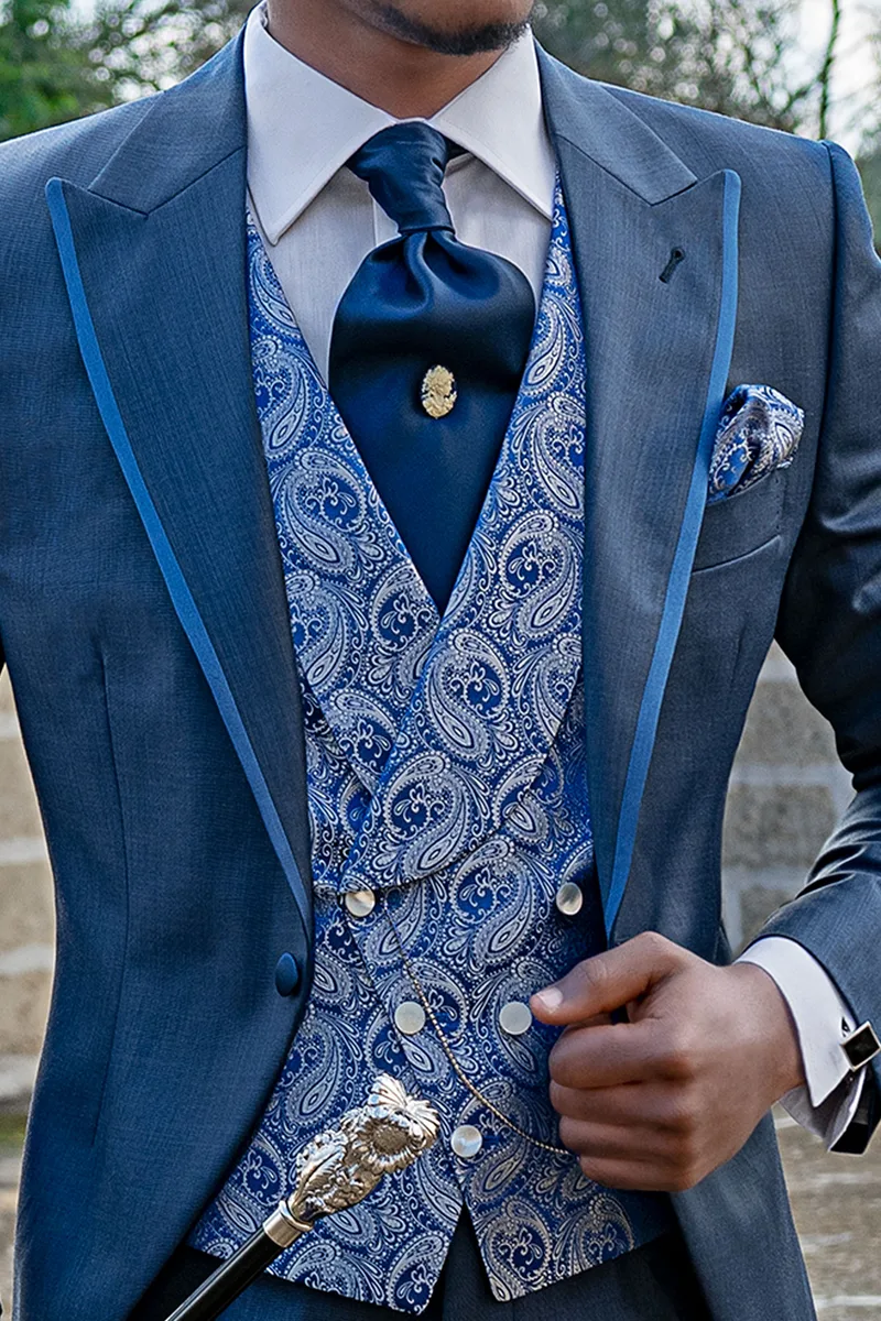 Gilet doppiopetto sciallato seta disegno cachemire bluette argento