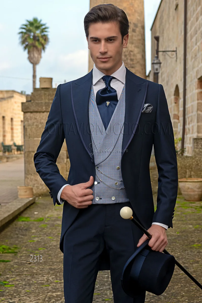 Blue groom morning suit, double-breasted Prince of Wales check silk waistcoat 1