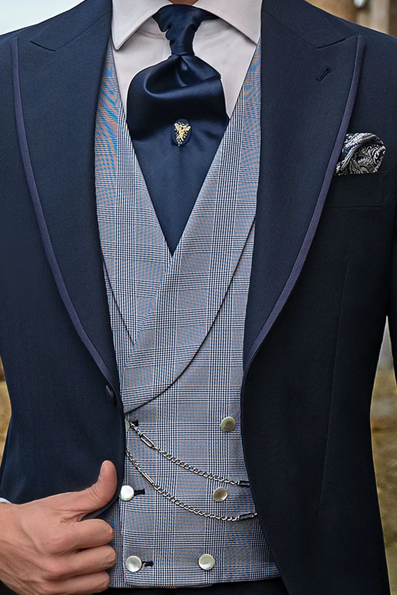 Blue groom morning suit, double-breasted Prince of Wales check silk waistcoat 2
