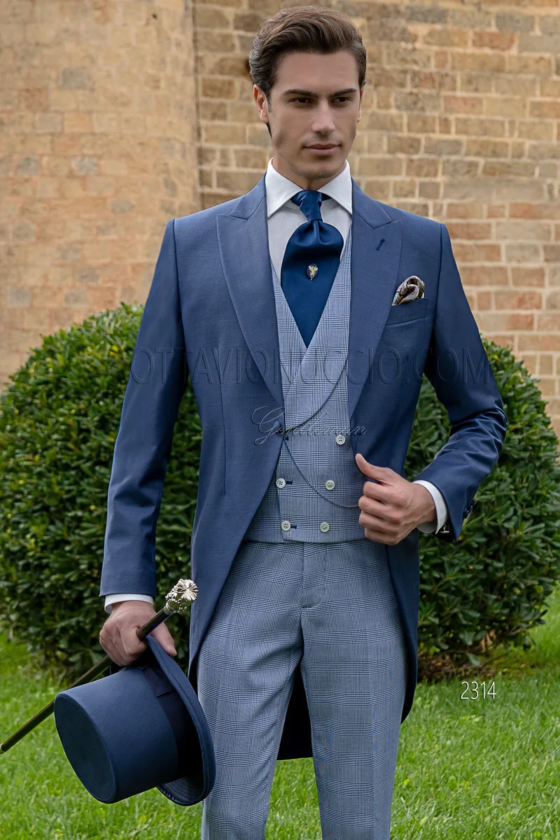 Royal blue groom morning suit with matching Prince of Wales check combinations 1