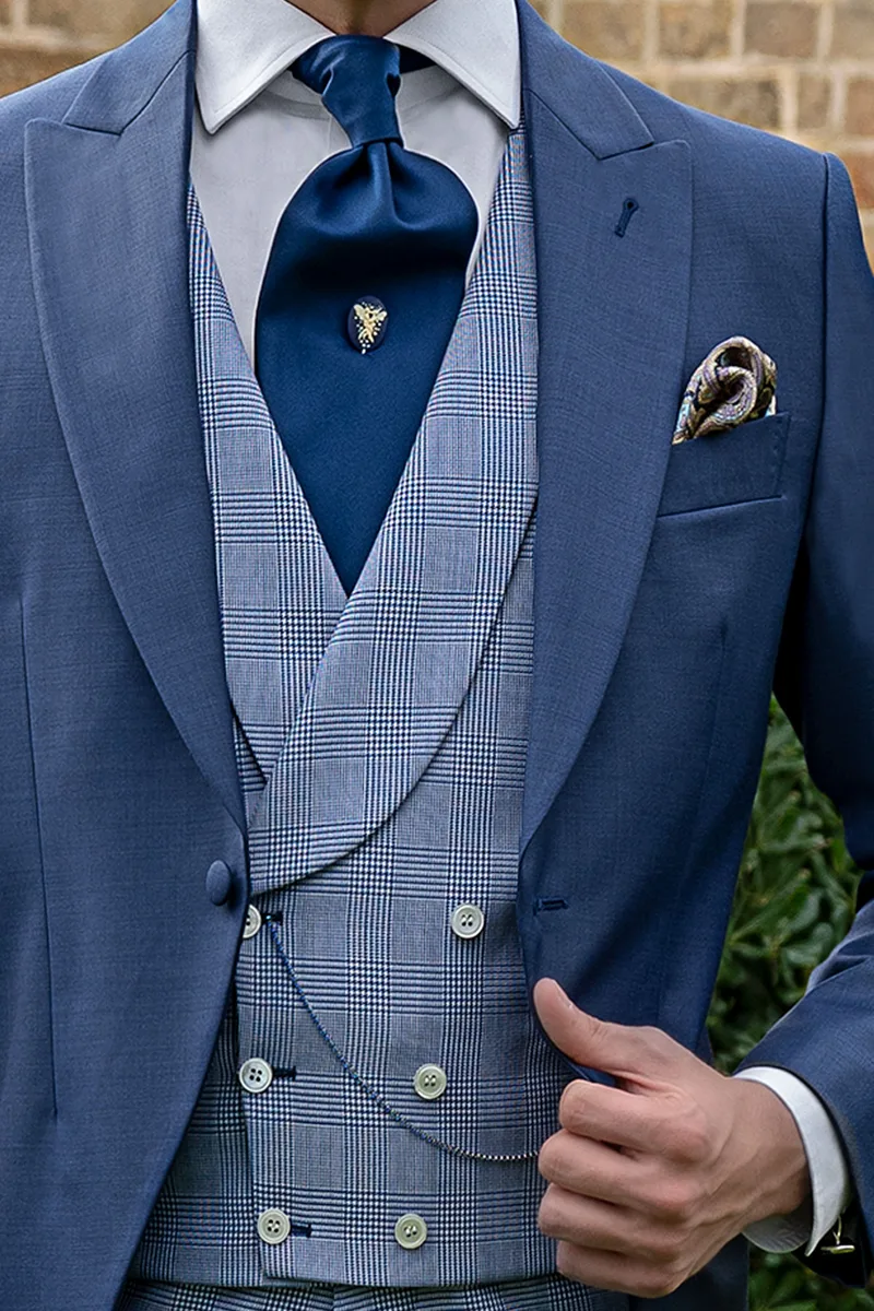 Royal blue groom morning suit with matching Prince of Wales check combinations 2