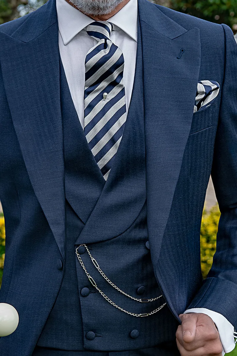 Gilet doppiopetto in pura lana blu disegno spiga