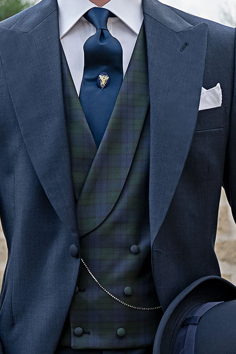 Gilet doppiopetto sciallato pura seta in tartan blu verde