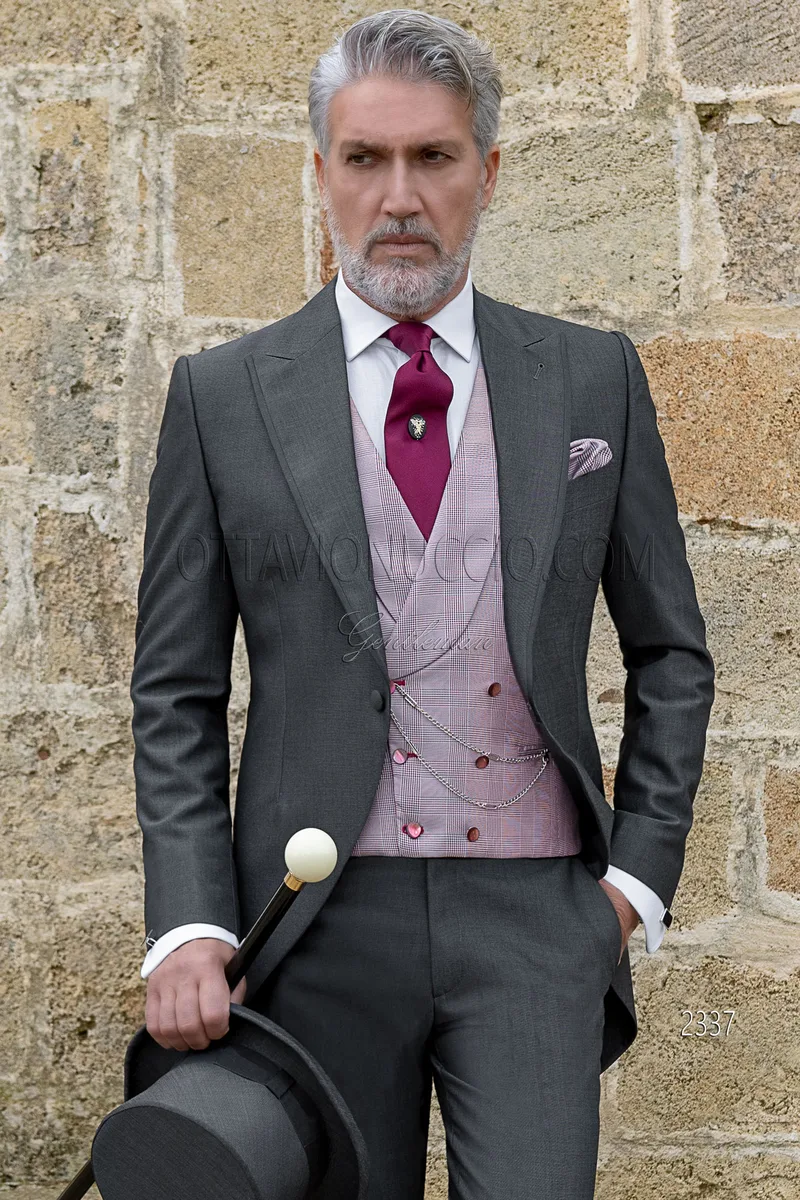 Men's grey wedding morning suit, double-breasted silk waistcoat 1
