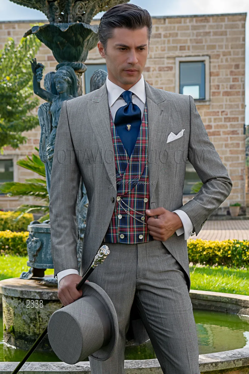 Grey English-style wedding morning suit, silk tartan waistcoat 1