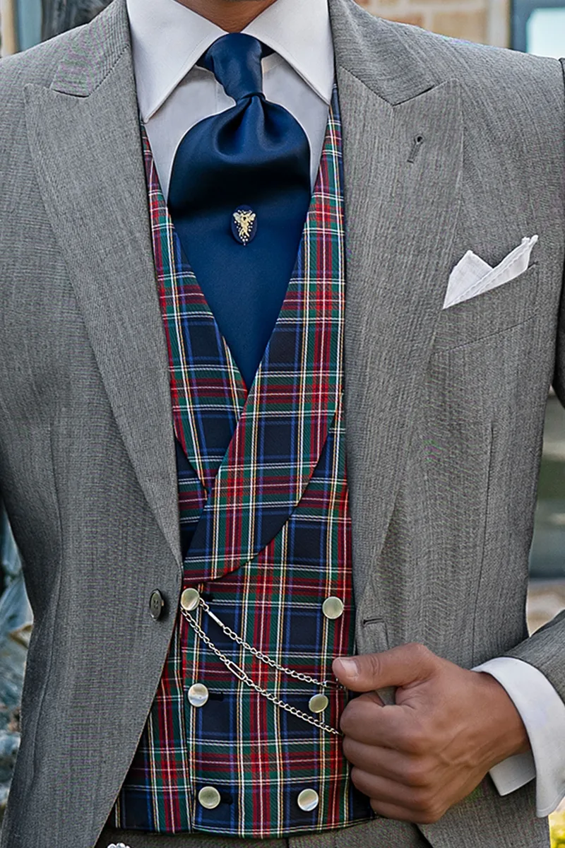 Gilet doppiopetto sciallato pura seta in tartan blu