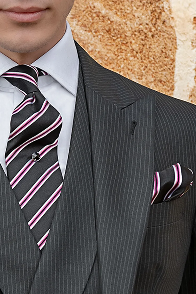 Cravatta e Fazzoletto in seta rigata nero fucsia
