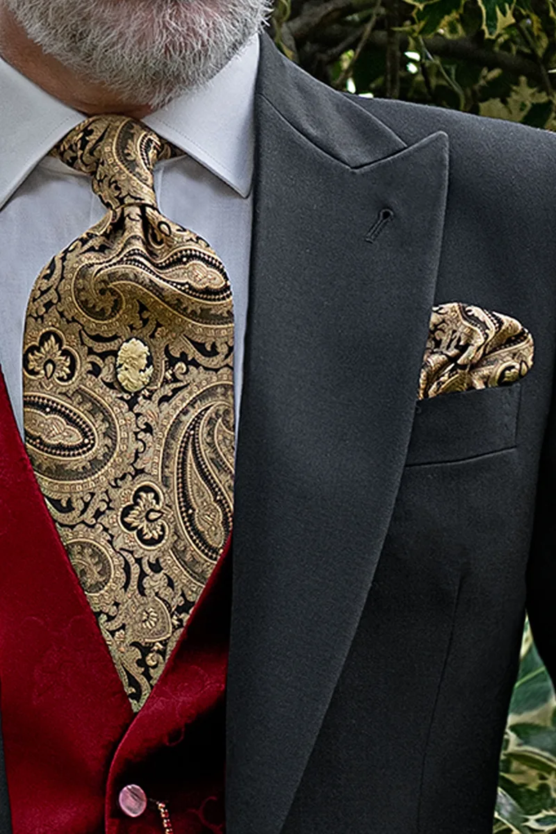 Cravattone e Fazzoletto in seta cachemire nero con oro