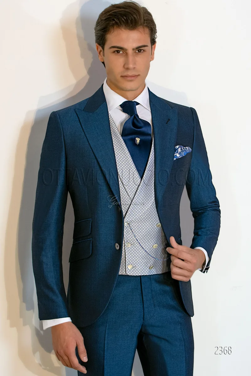 Men's tailored groom suit in royal blue wool blend 1