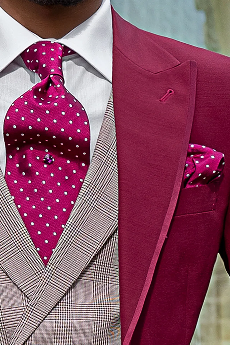 Cravattone e Fazzoletto in seta fucsia pois bianchi
