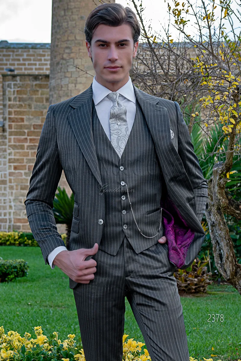 Men's 3-piece formal suit in grey pinstripe wool and viscose 1