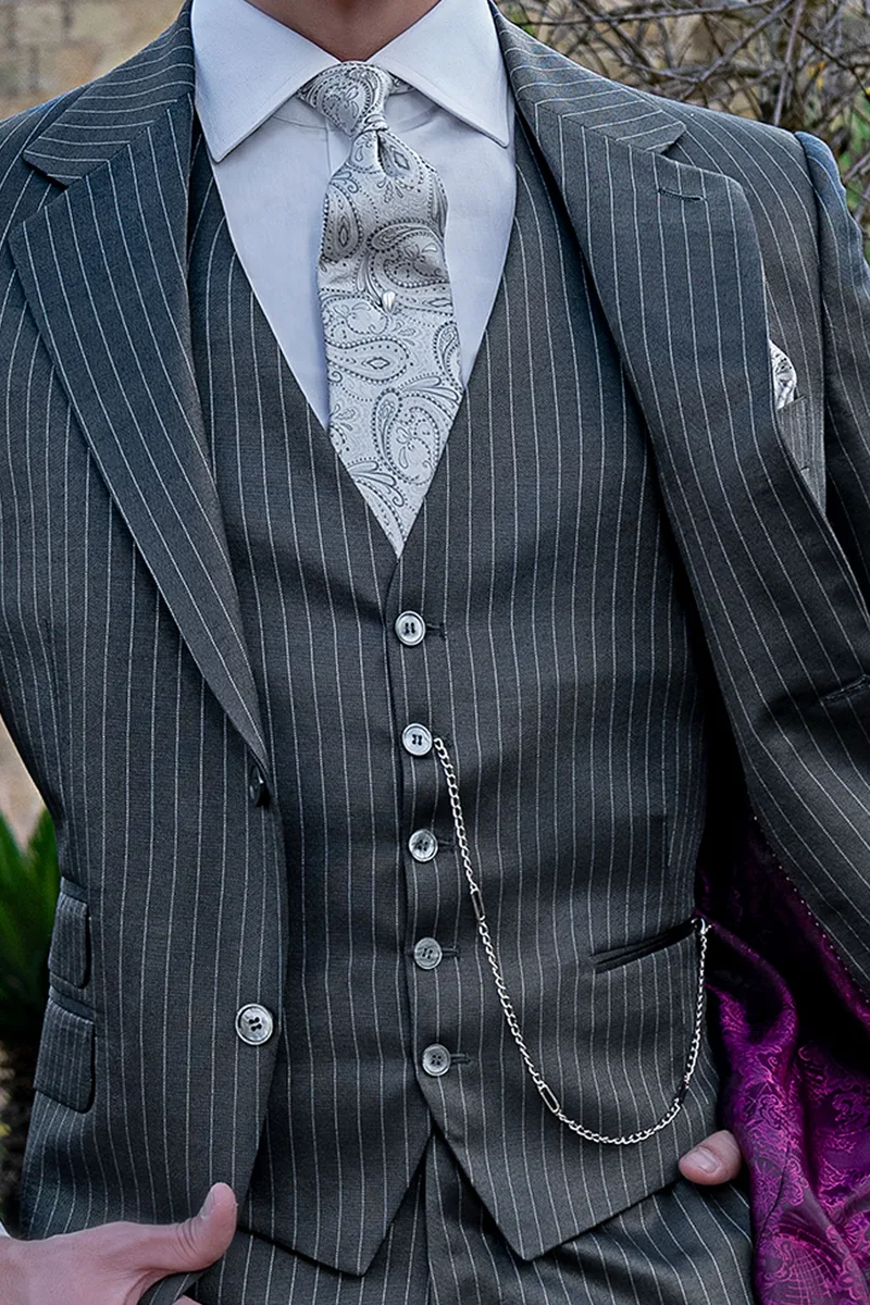 Men's 3-piece formal suit in grey pinstripe wool and viscose 2