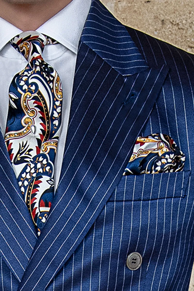Cravatta e Fazzoletto in seta cachemire blu