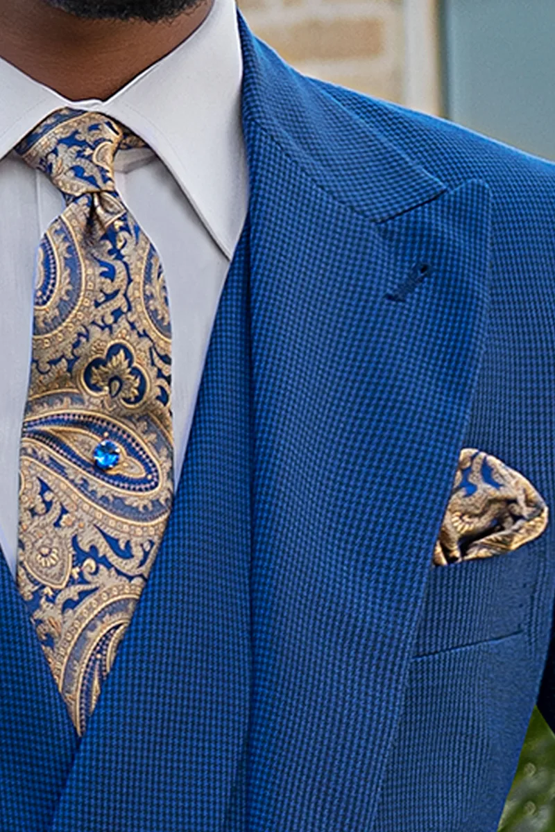 Cravatta e Fazzoletto in seta cachemire bluette con oro