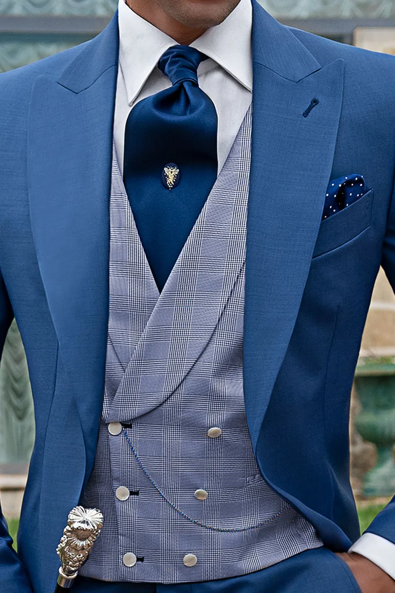 Gilet doppiopetto sciallato pura seta Principe di Galles blu royal