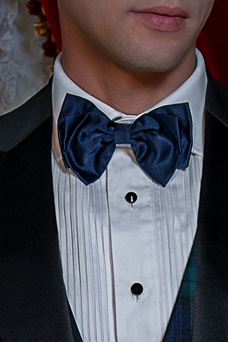 Men's peak lapel tuxedo, tartan trousers and waistcoat 2