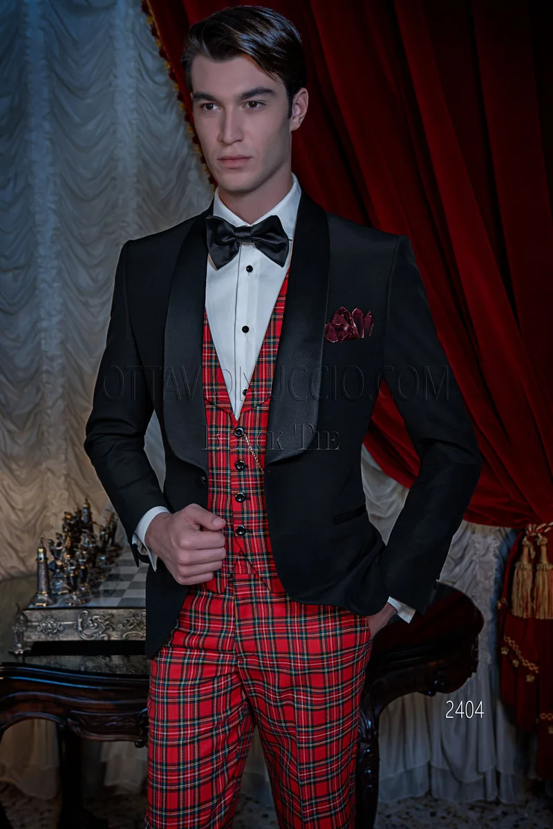 Men's shawl lapel tuxedo, red tartan trousers and waistcoat 1