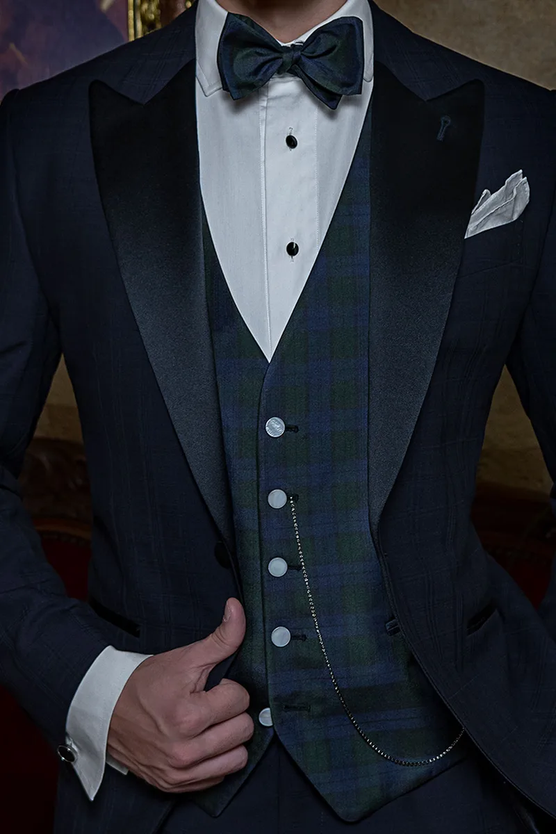 Gilet in pura seta tartan blu verde