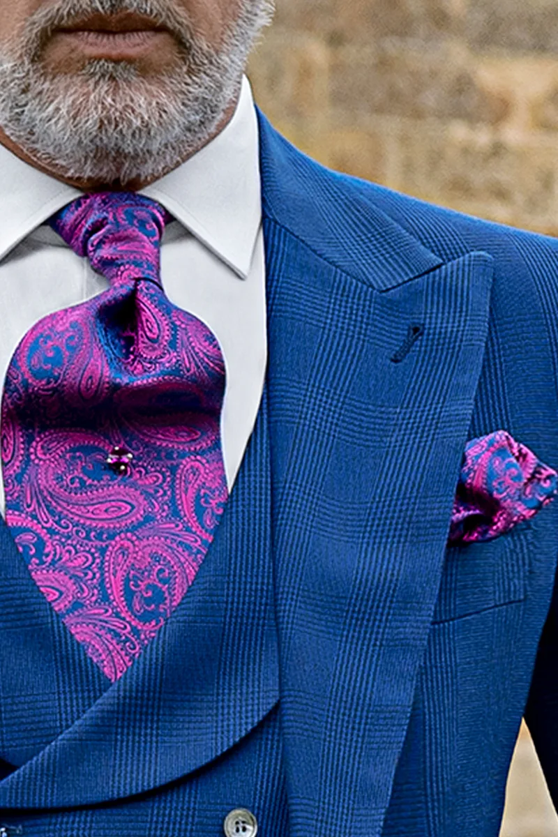 Cravattone e Fazzoletto in seta cachemire bluette fucsia