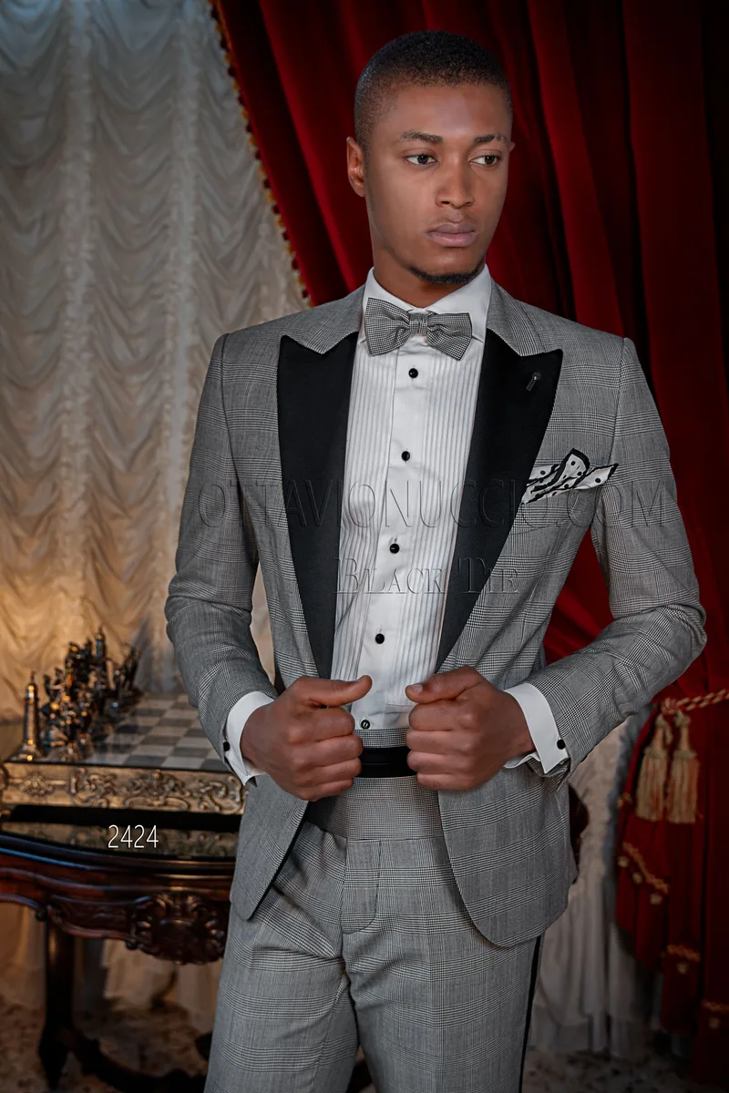 Esmoquin traje elegante hombre en príncipe de Gales gris 1