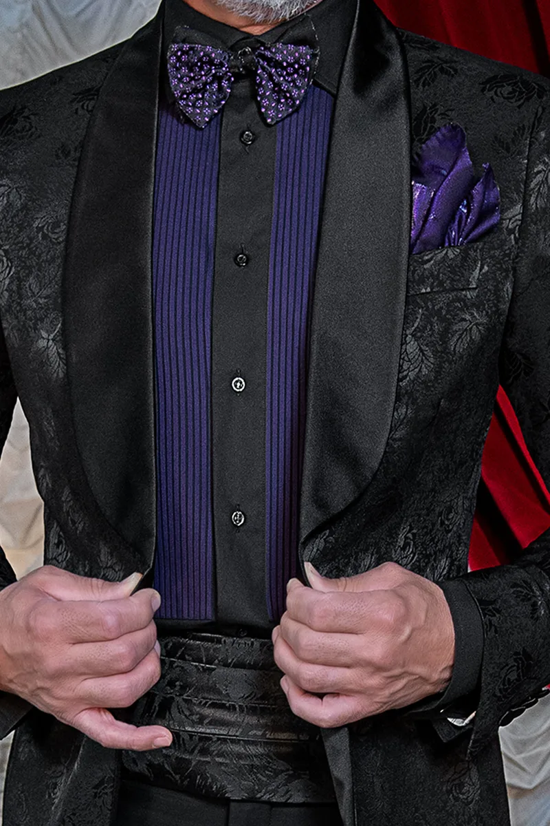 Herren-Galasmoking mit Schalkragen aus schwarzem Wolle-Seide-Jacquard 4