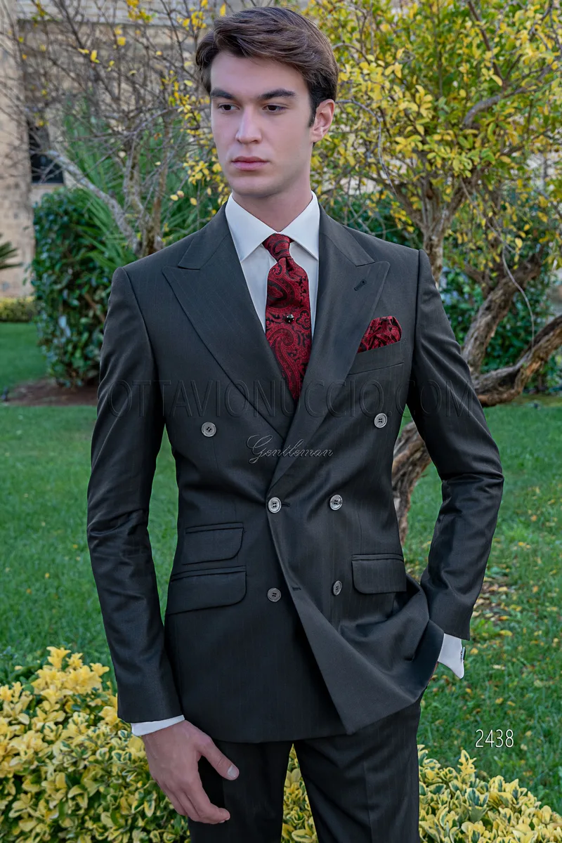 Men's black pinstripe double-breasted formal suit with peak lapel 1