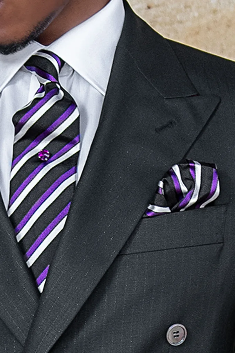 Cravatta e fazzoletto seta jacquard righe viola e nere regimental