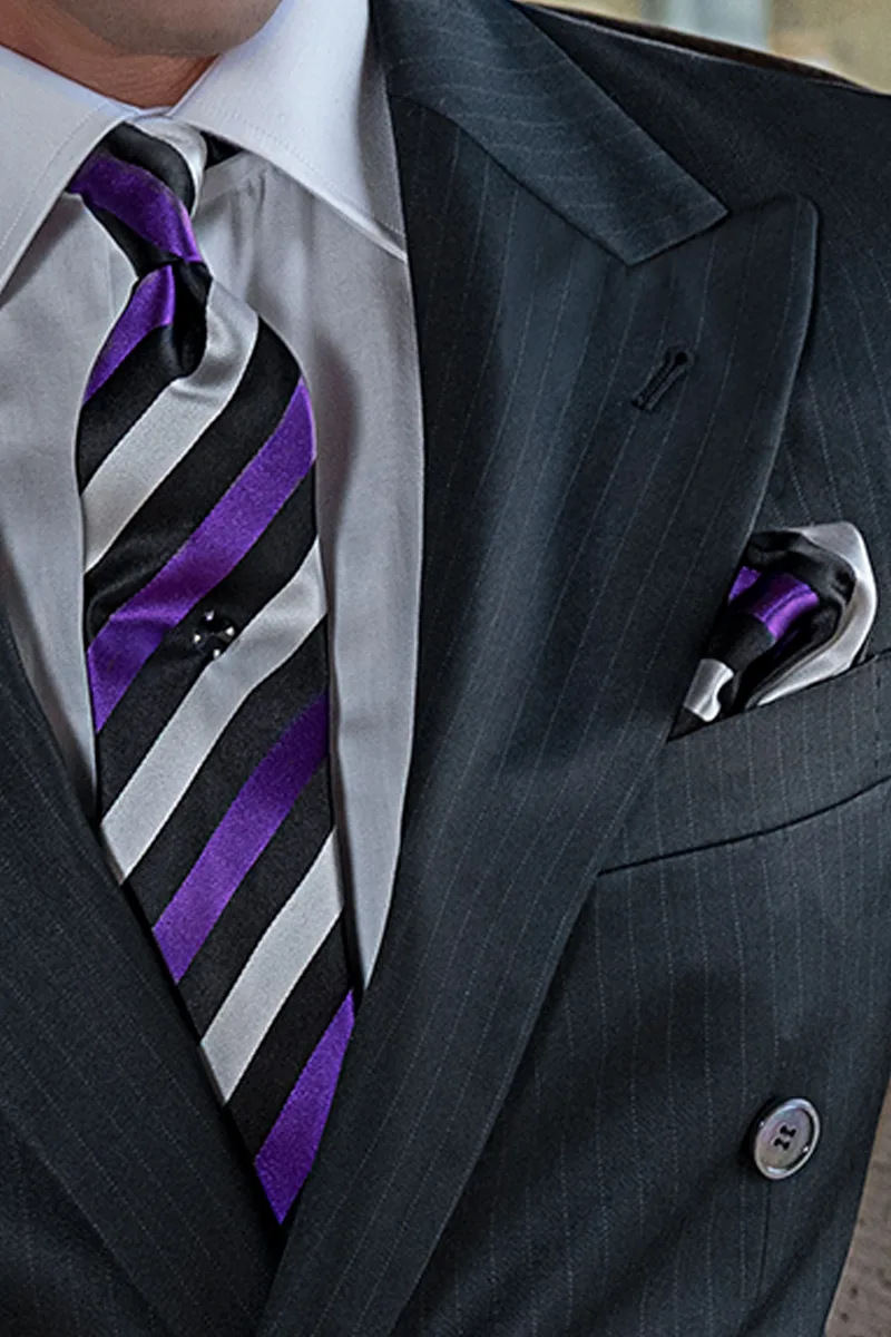 Cravatta e Fazzoletto in seta rigata viola