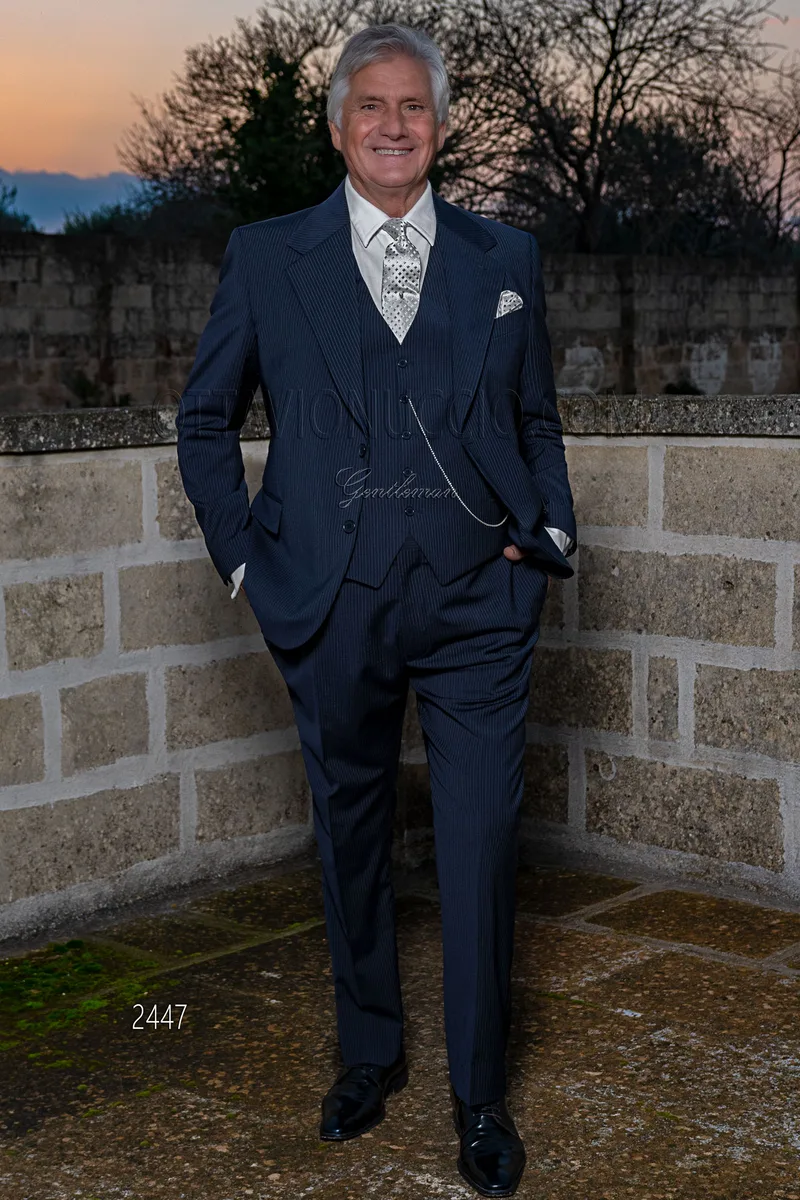 3-piece men's formal suit in blue pinstripe wool blend 1