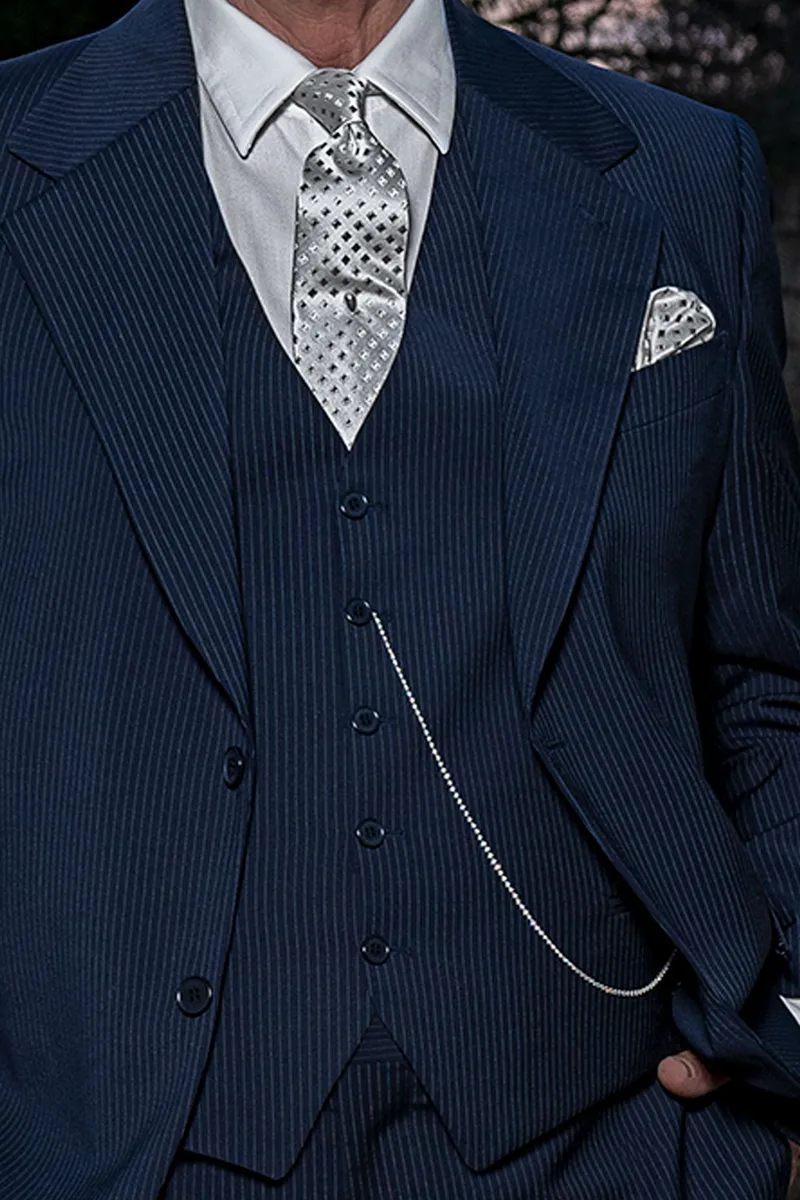 3-piece men's formal suit in blue pinstripe wool blend 2