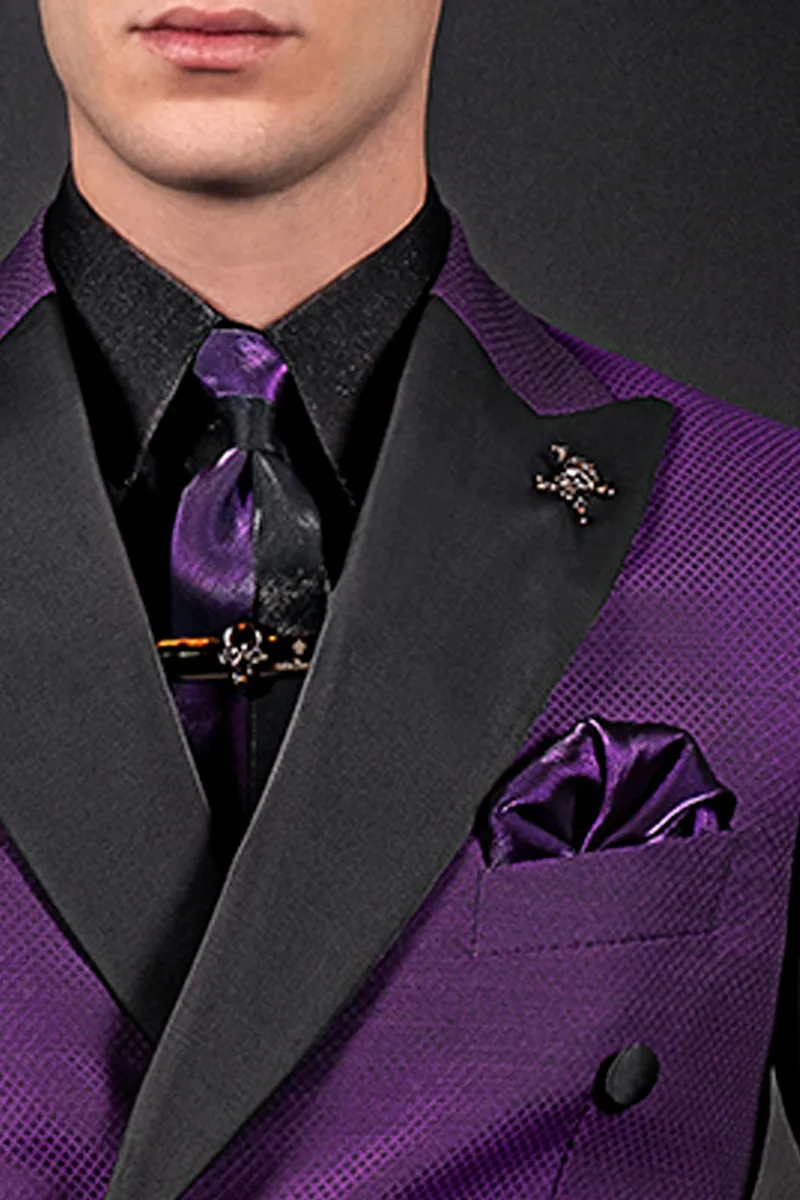Cravattino bicolore in lurex nero e viola con fazzoletto