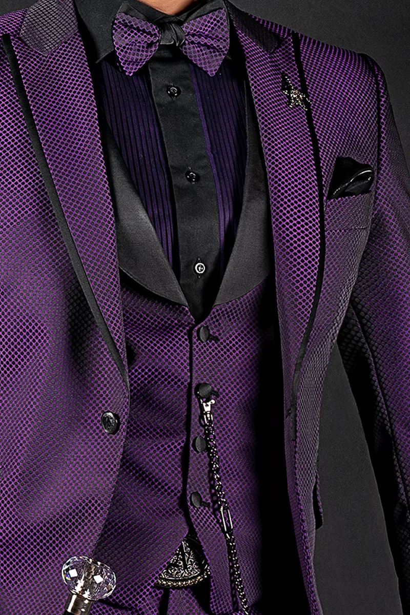 Gilet microdisegni nero-viola con collo sciallato