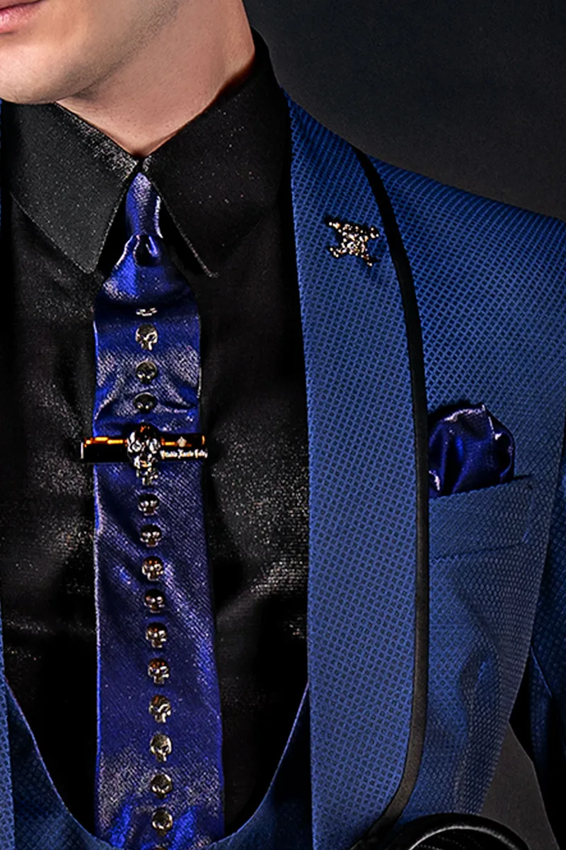 Cravatta e fazzoletto lurex blu royal con teschi