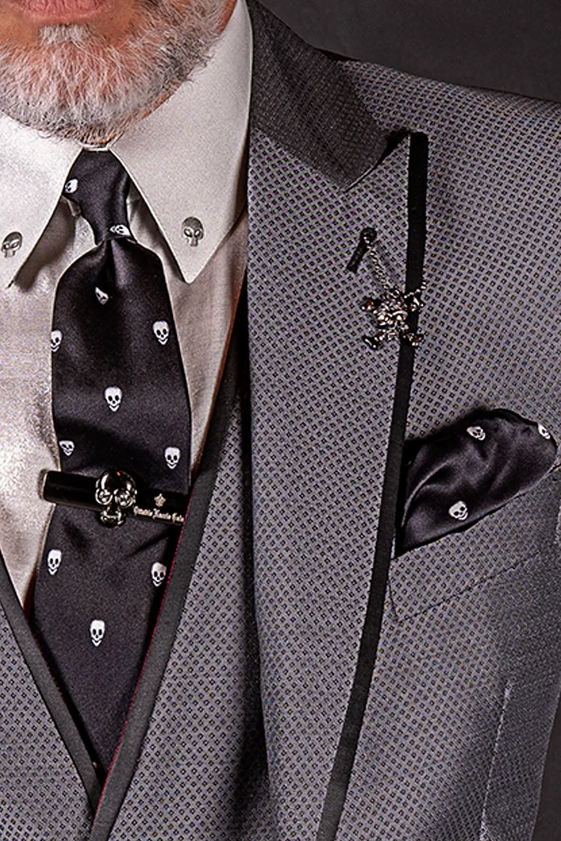 Slim tie and Handkerchief in black silk with white skull print