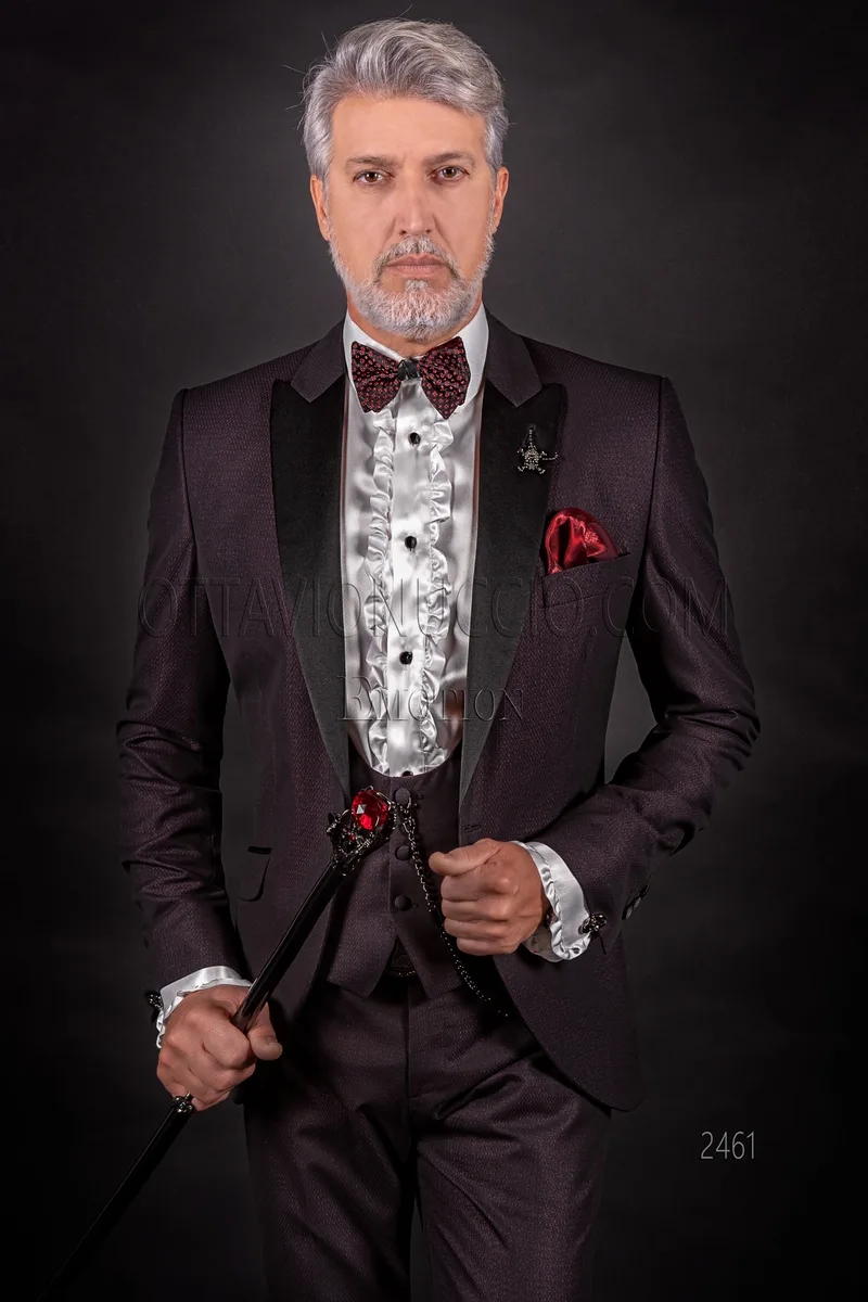 Modern men's wedding suit in burgundy with black peak lapel 1