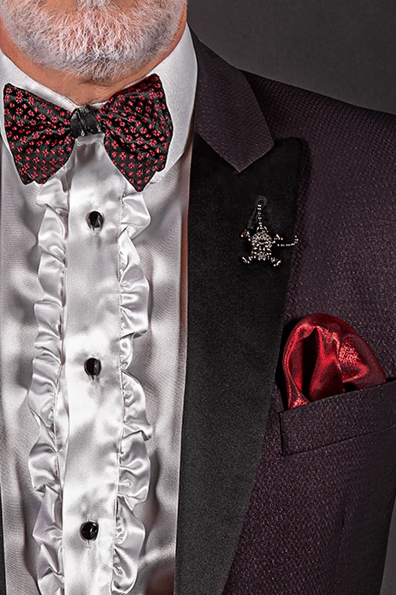 Modern men's wedding suit in burgundy with black peak lapel 3
